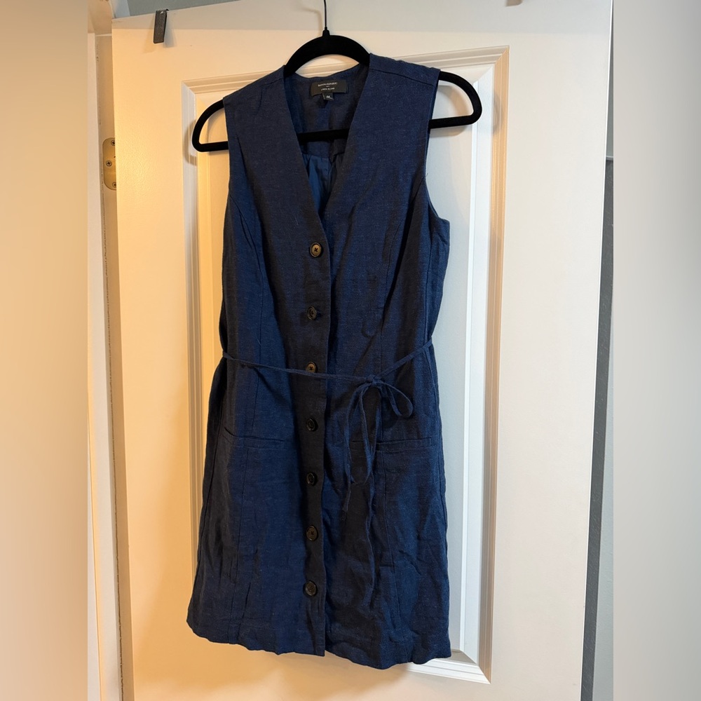 Banana Republic Linen Navy Blue Button-Down Dress